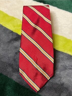 Dior Red Silk Tie with Gold and Navy Diagonal Stripes